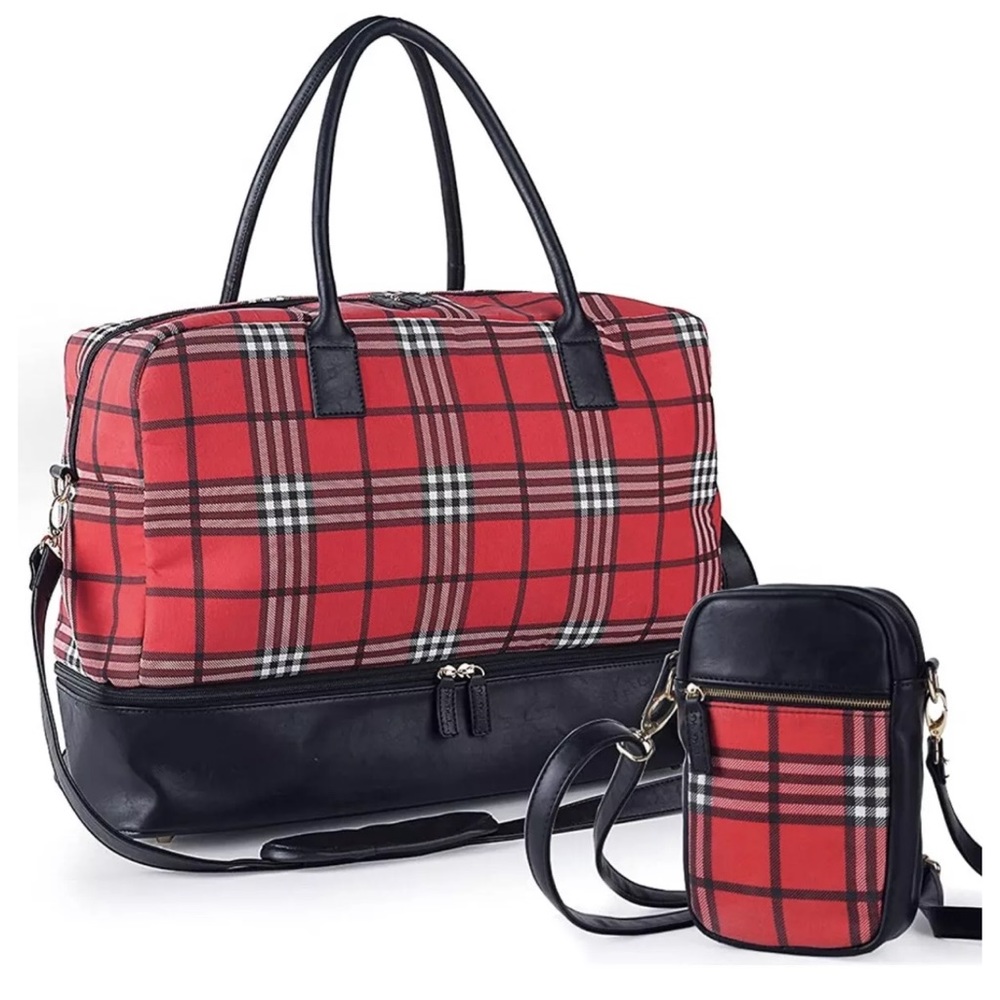 Weekender Bag, Overnight Travel Carry On Duffel Tote with Shoe Pouch (Plaid)